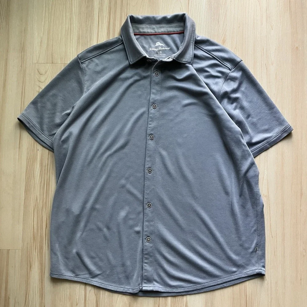 Tommy Bahama Mens L Gray Polo Waffle Knit Full Button Front Shirt Tencel Blend - Picture 1 of 7